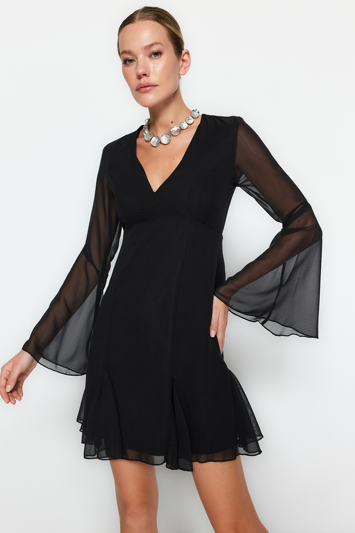 Trendyol Black Chiffon Drop-Back/Skater Elegant Evening Dress
