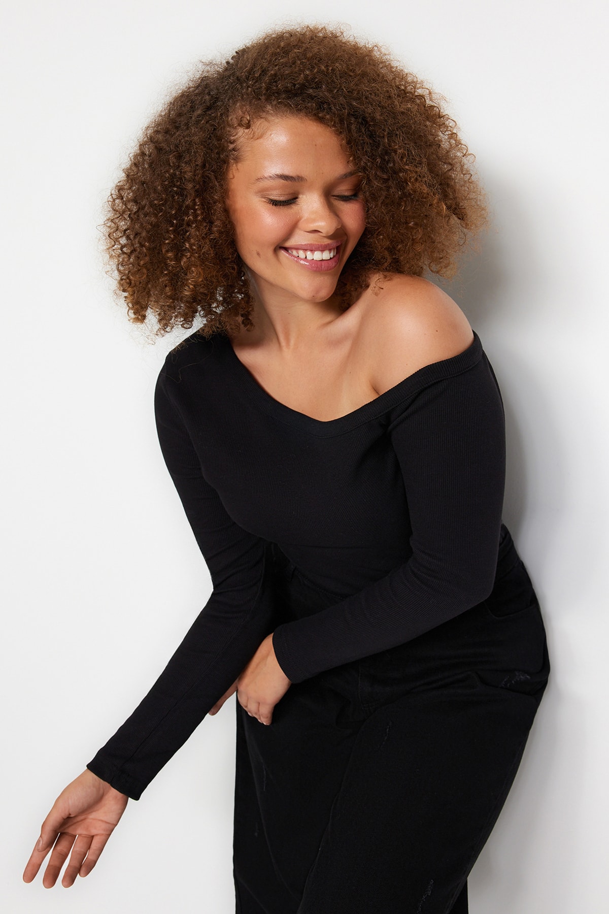 Trendyol Plus Size Black Boat Neck Camisole Knitted Blouse