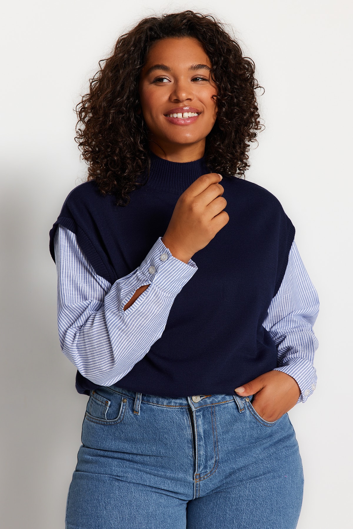 Trendyol Plus Size Navy Blue Color Block Knitwear Sweater