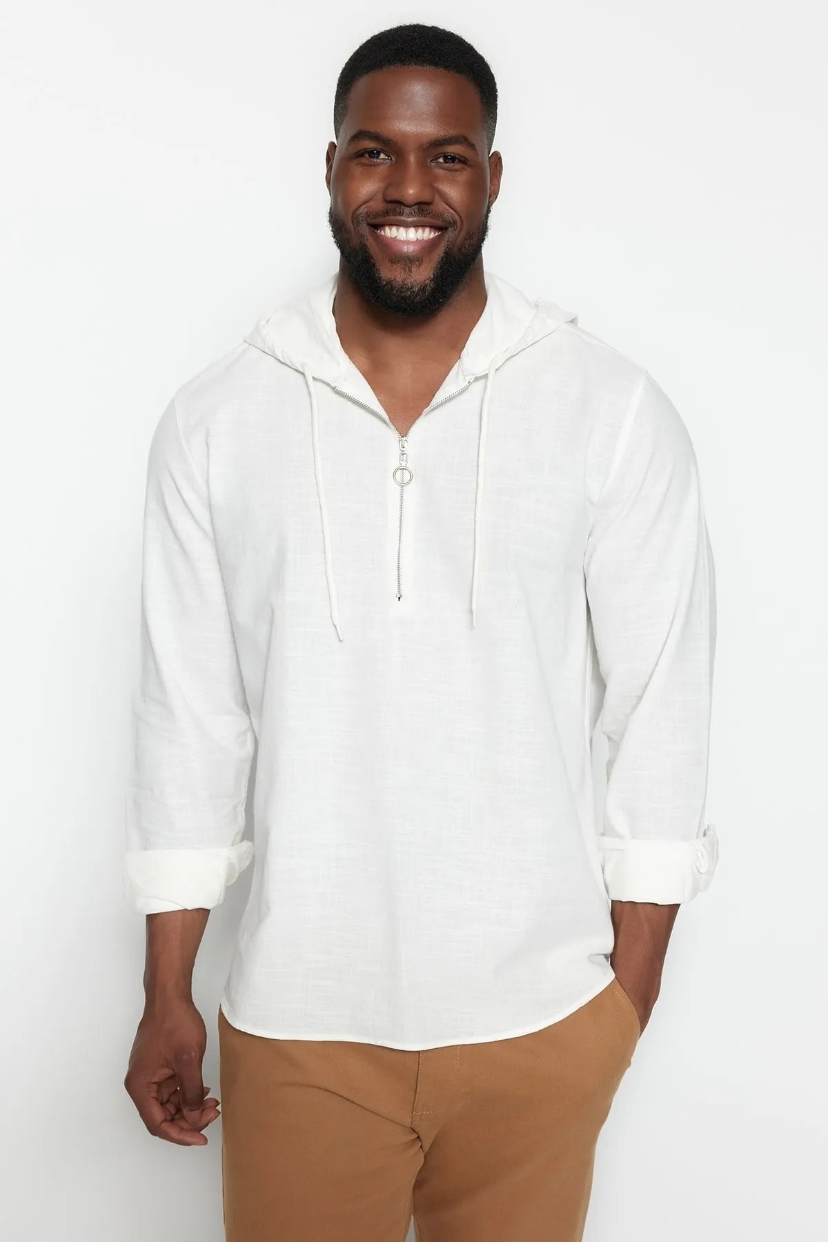 Trendyol Plus Size Ecru Men's Regular Fit Comfy Shirt with a Hoody