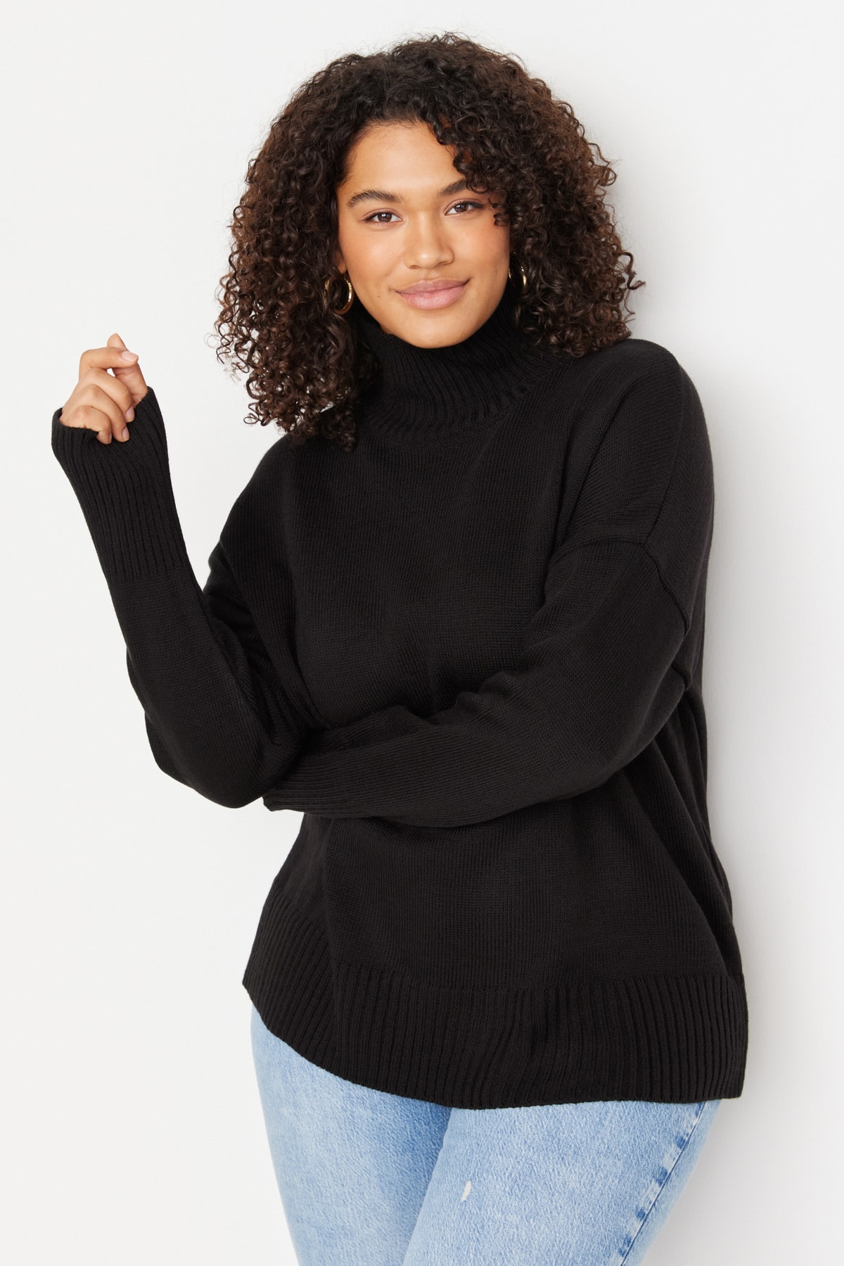 Trendyol Plus Size Black Turtleneck Off Shoulder Knitwear Sweater