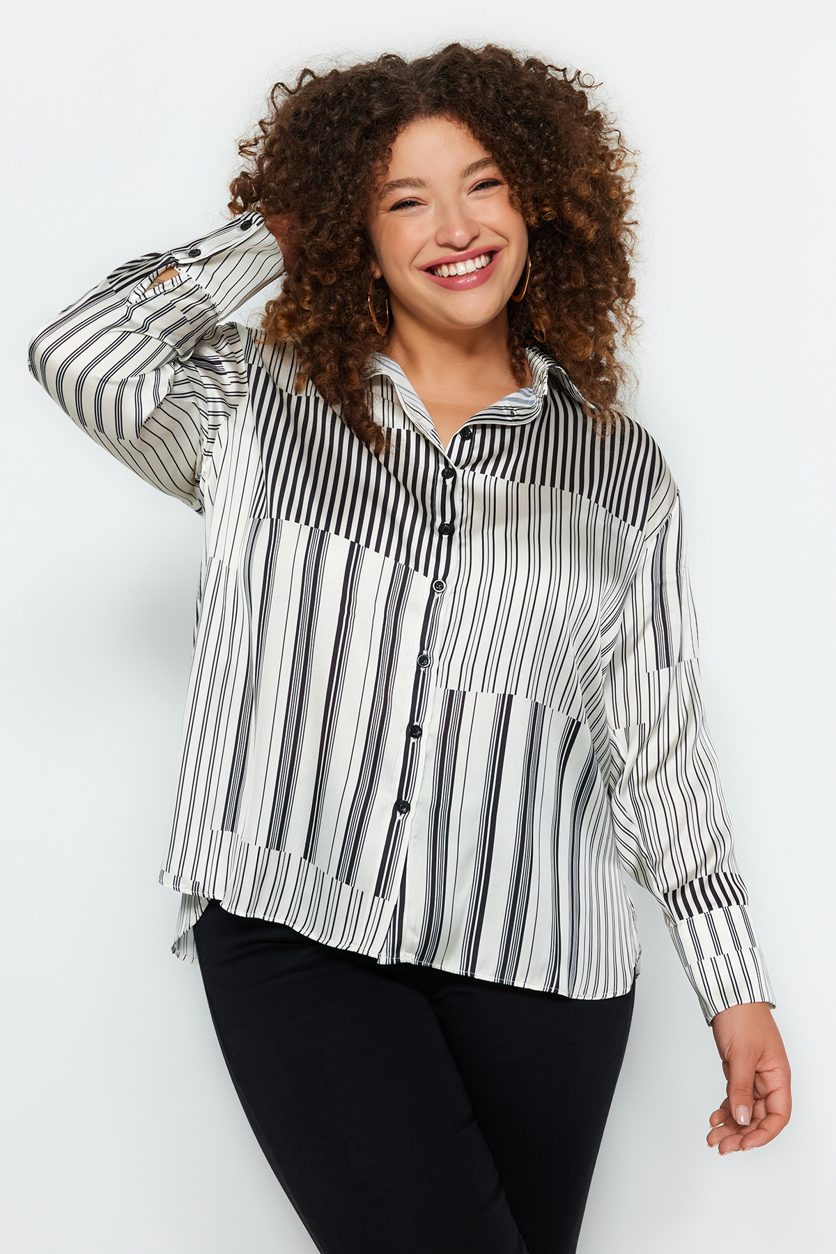 Trendyol Plus Size Black and White Striped Woven Shirt