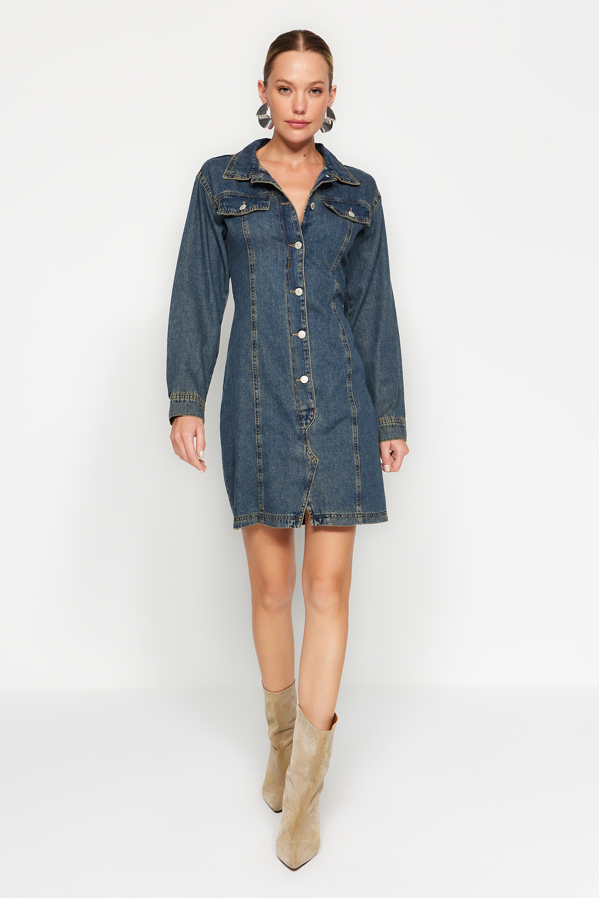 Trendyol Blue Front Buttons and Pockets Mini Denim Dress