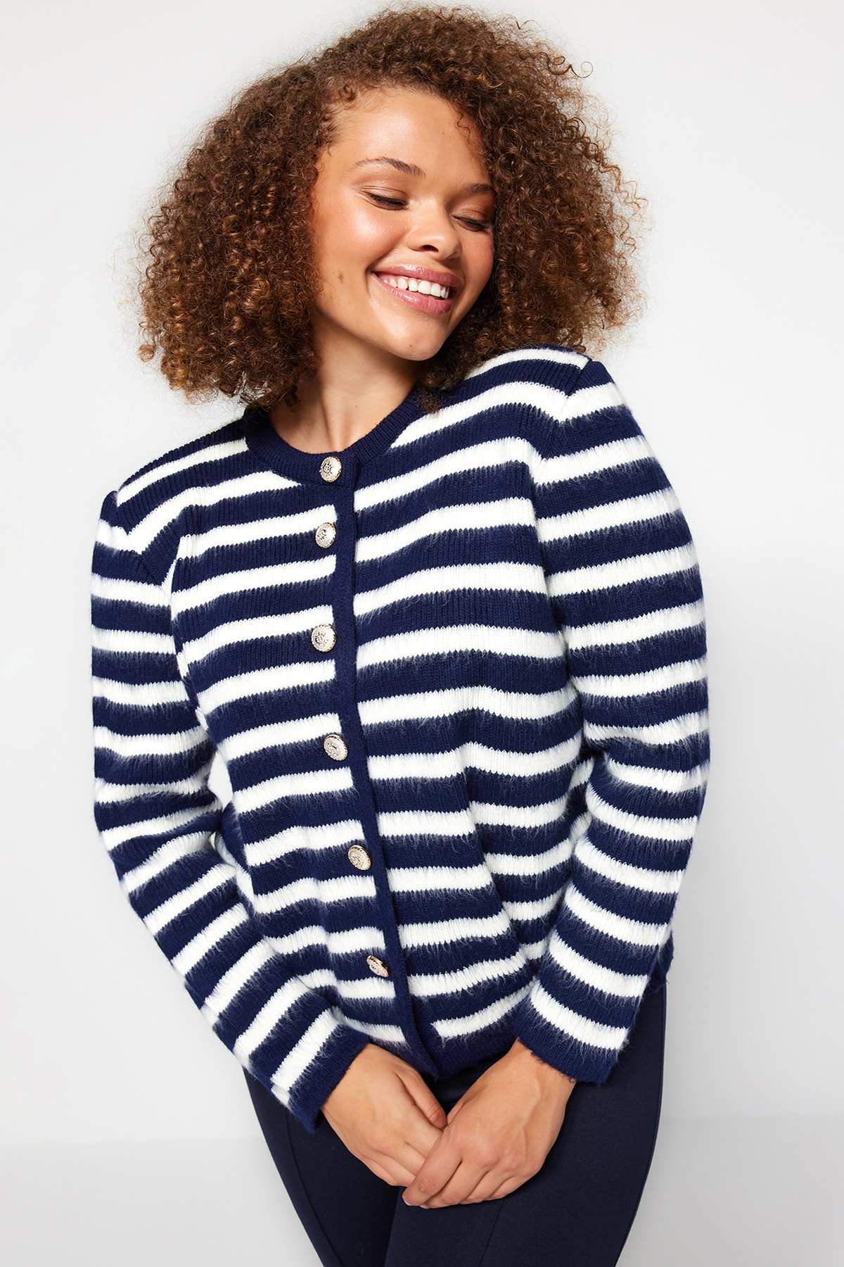 Trendyol Plus Size Navy Blue Striped Knitwear Cardigan