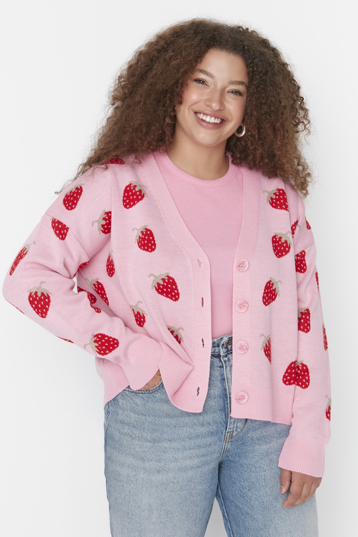 Trendyol Plus Size Pink Strawberry Pattern V-Neck Knitwear Cardigan