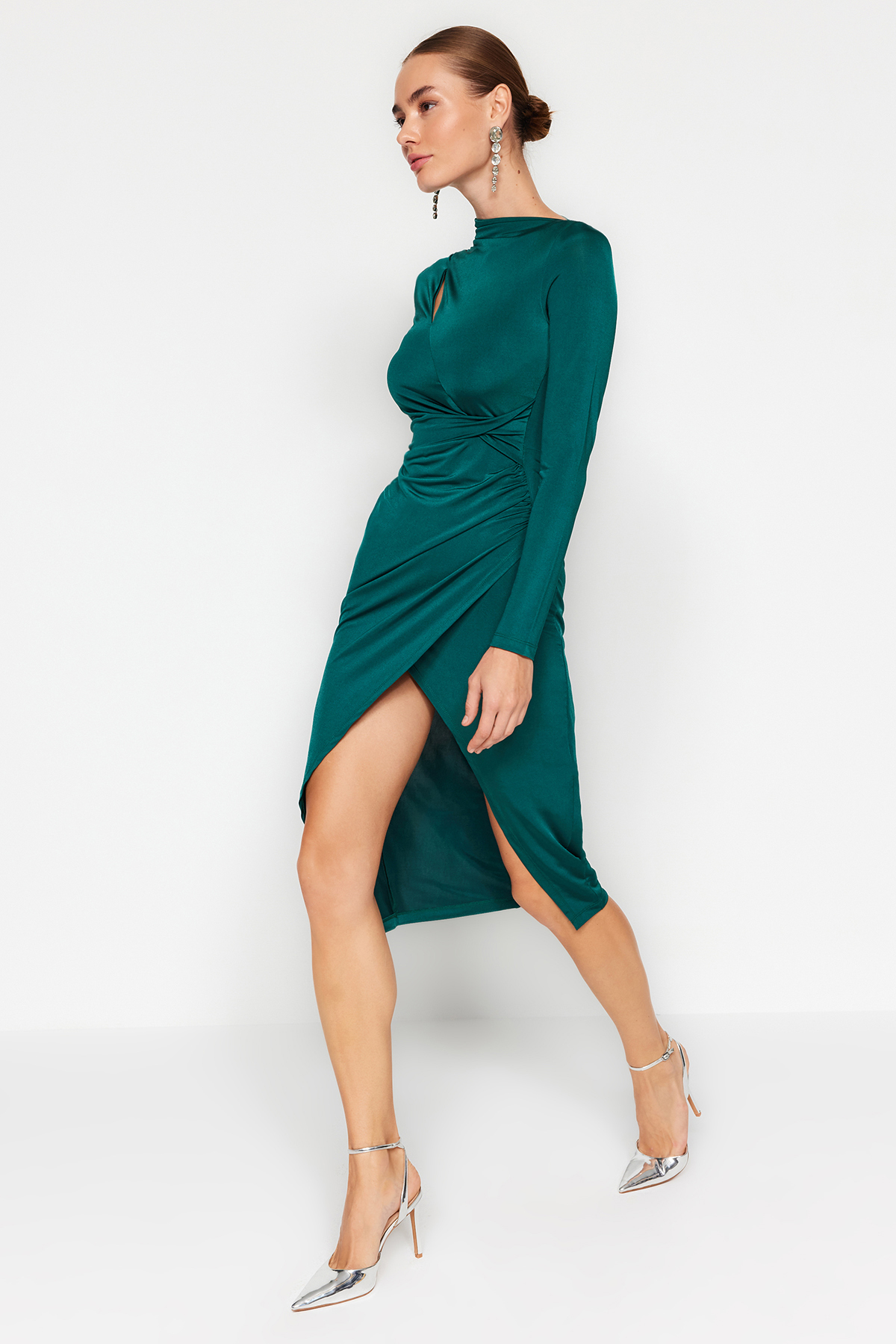 Trendyol Emerald Green Fitted Knitted Window/Cut Out Detailed Dress