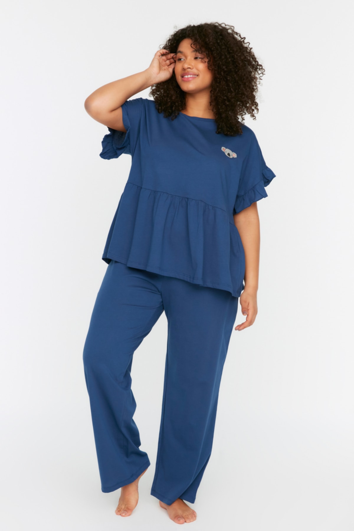 Trendyol Plus Size Navy Blue Knitted Pajamas with Embroidery and Ruffles