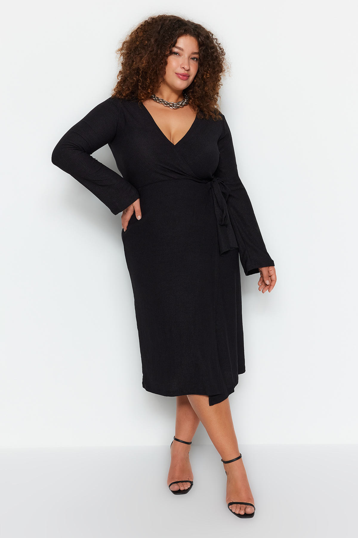 Trendyol Plus Size Black Double Breasted Midi Knitted Dress