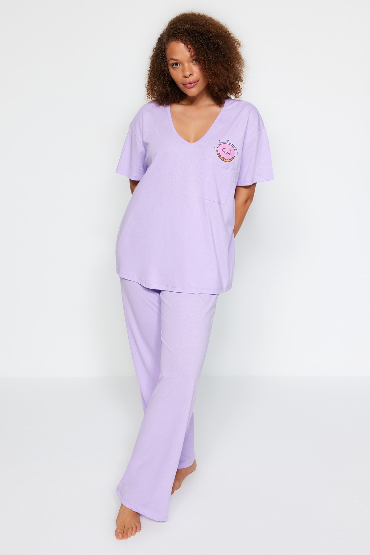 Trendyol Plus Size Lilac Printed, Pocket Detailed, Knitted Pajamas Set