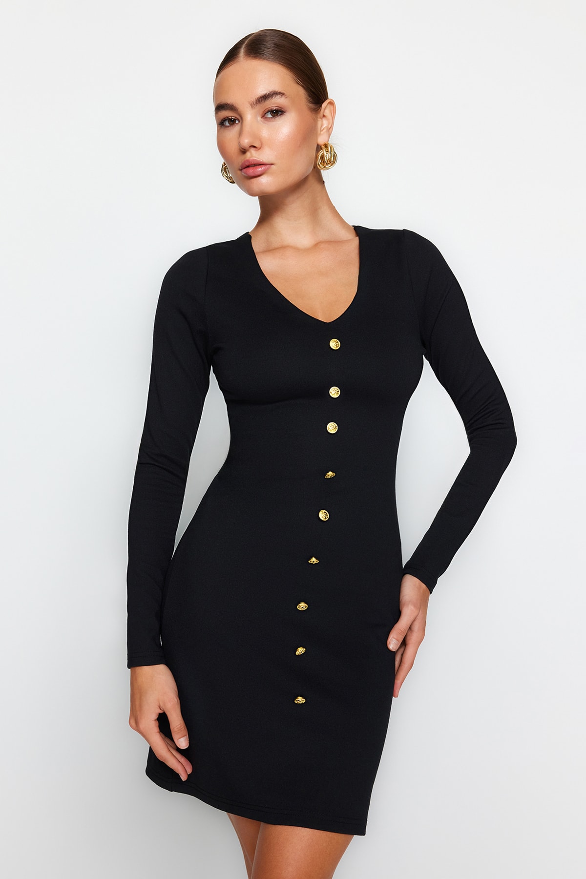 Trendyol Black V-Neck Knitted Mini Dress with Interlock Button Detail