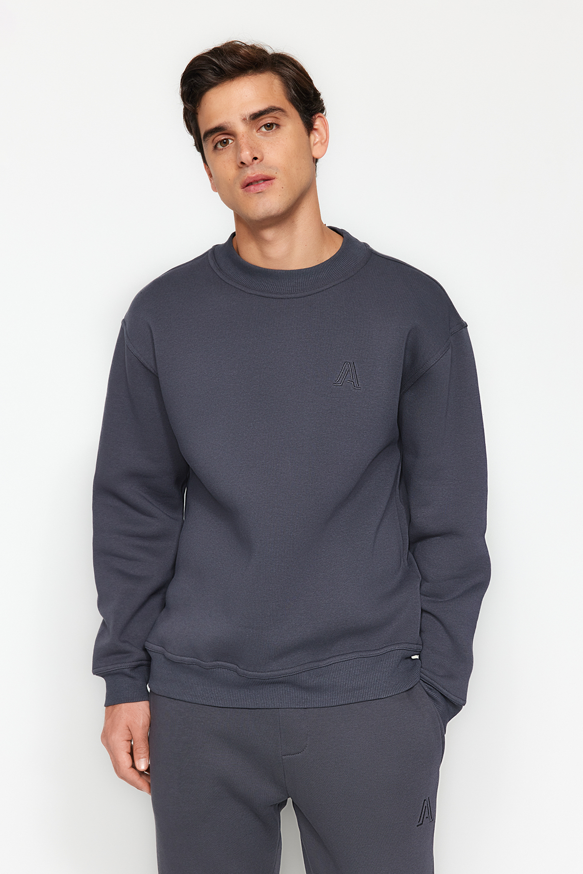 Trendyol Anthracite Men's Relaxed/Comfortable Fit Half Turtleneck Letter Embroidered Cotton Thick Sweatshirt.