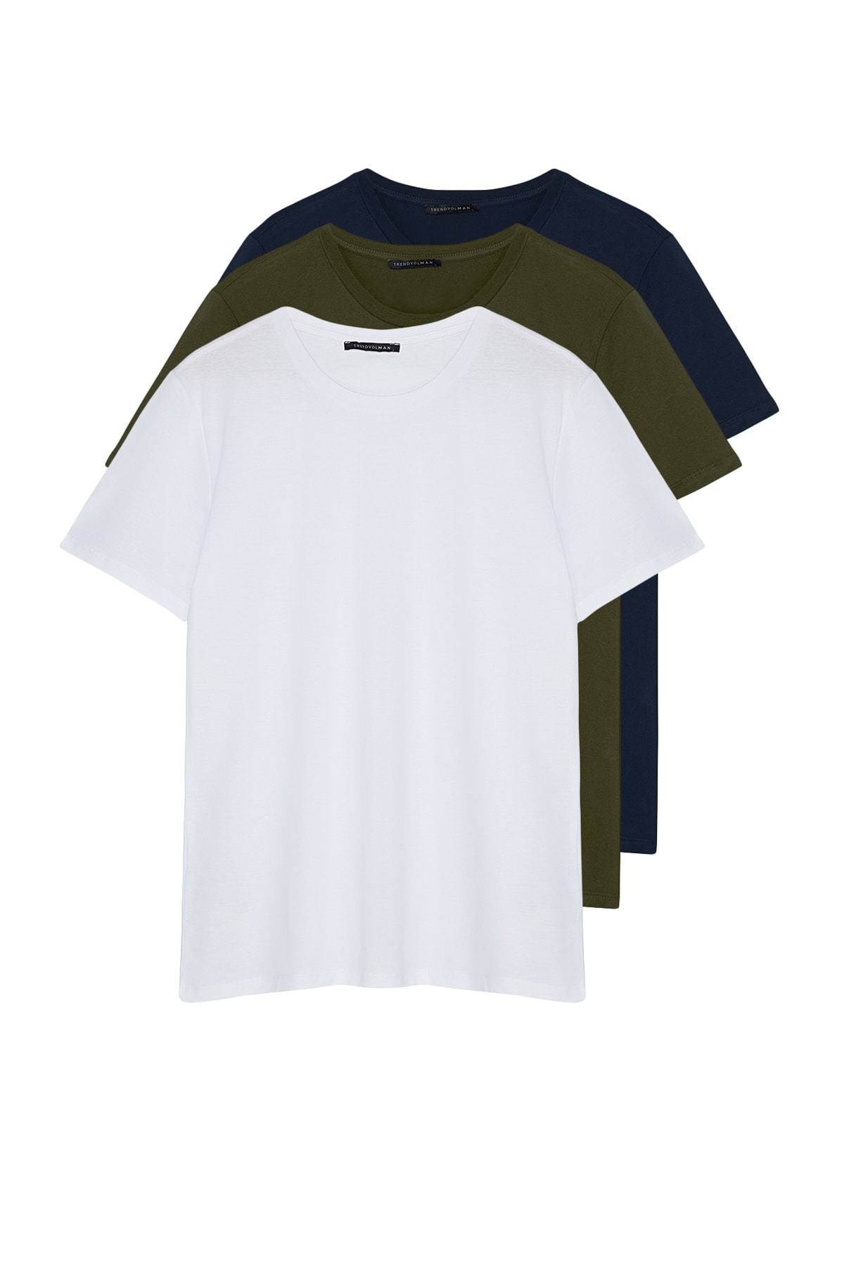 Trendyol Navy Blue-Khaki-White Men's Basic Slim 100% Cotton 3-Pack Short Sleeved T-Shirt