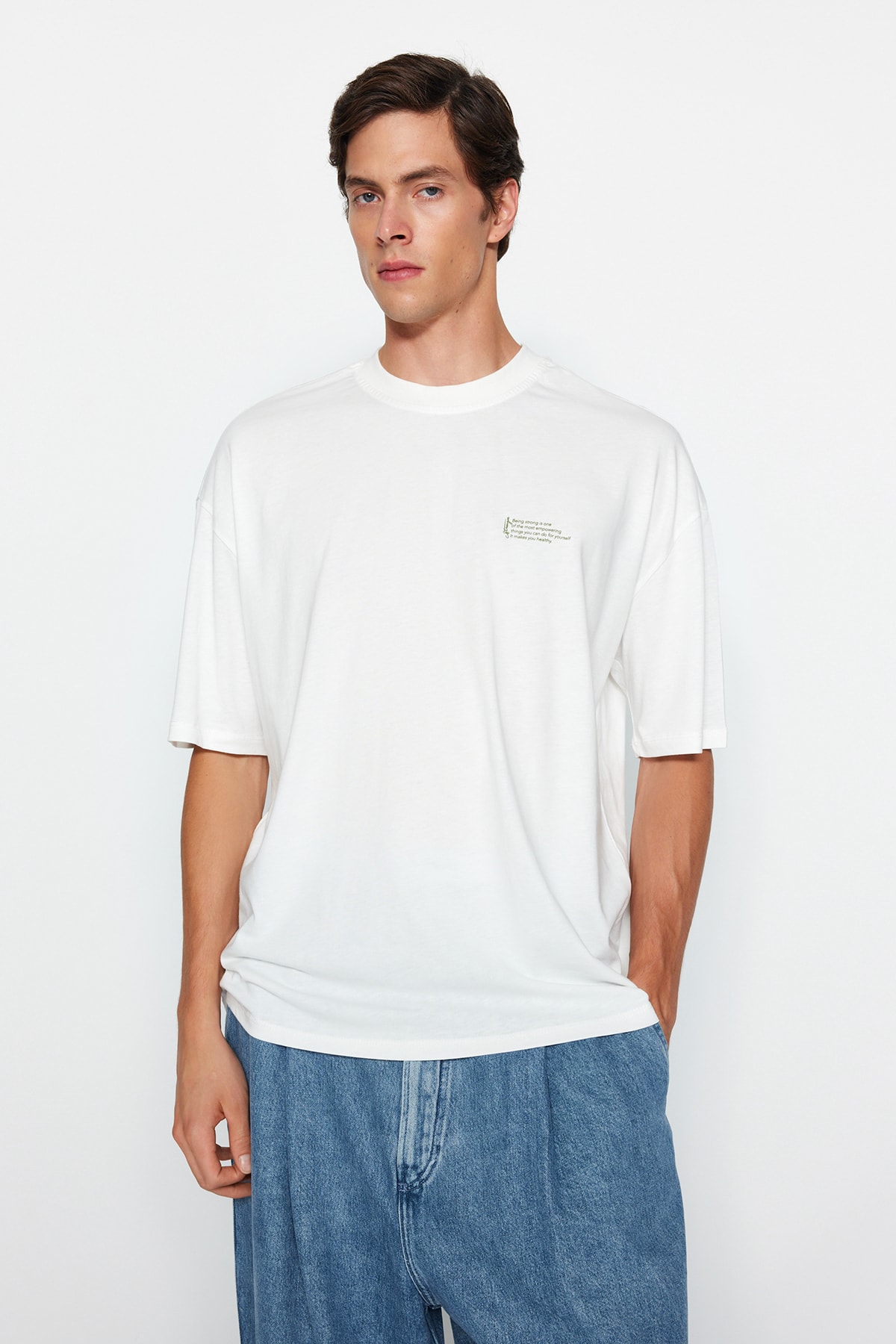 Trendyol Ecru Men's Oversize/Wide Cut, Minimal Text Printed 100% Cotton T-Shirt