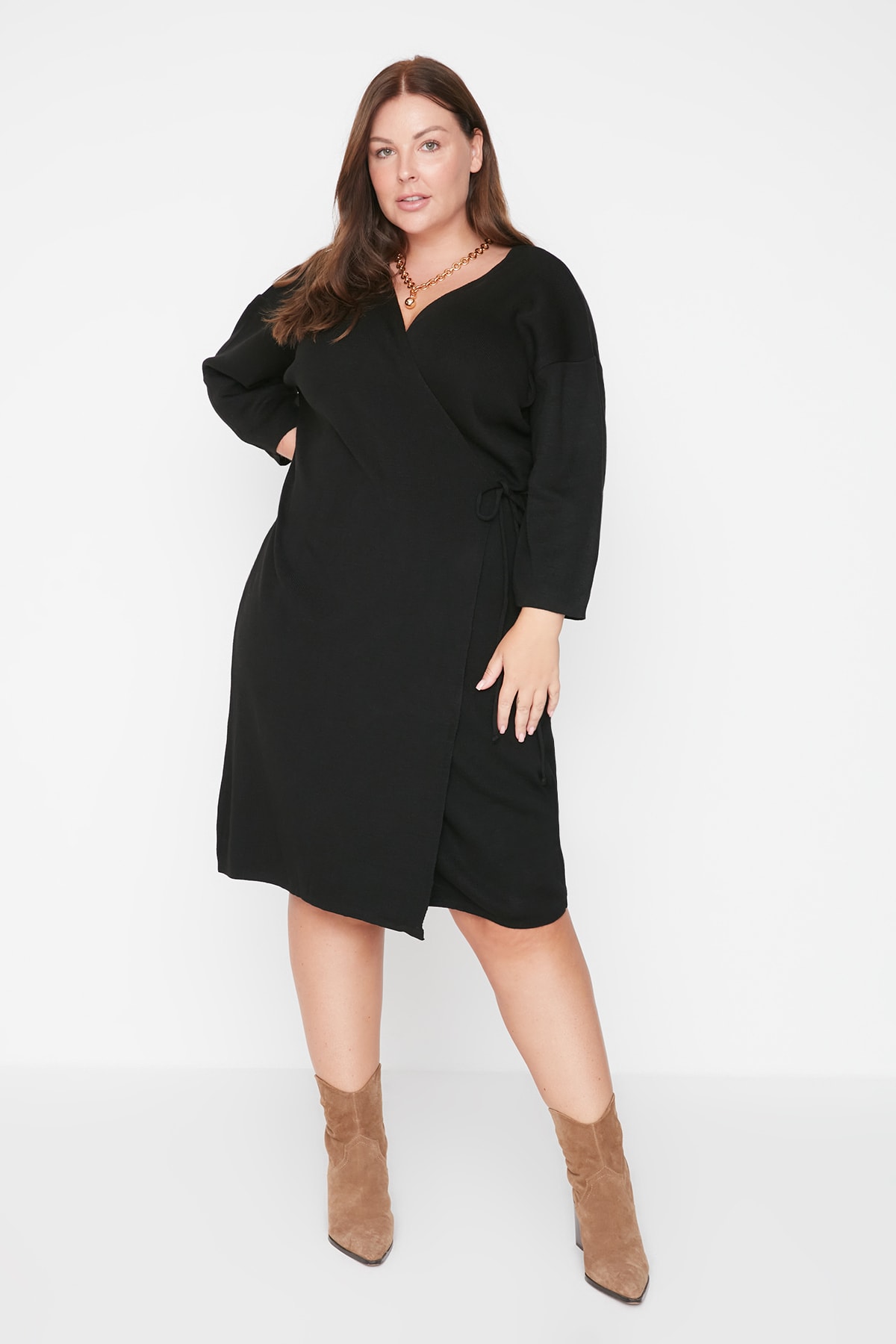 Trendyol Plus Size Black Lace-Up Sweater Dress