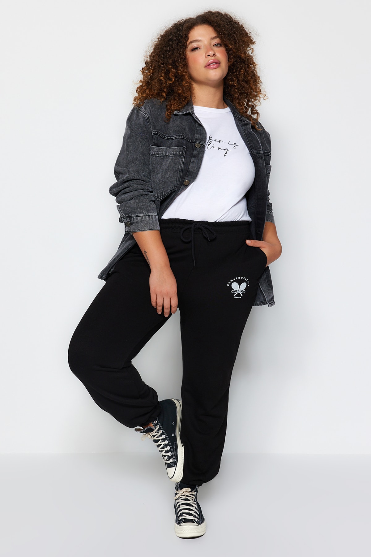 Trendyol Plus Size Black Thick High Waist Printed Knitted Sweatpants