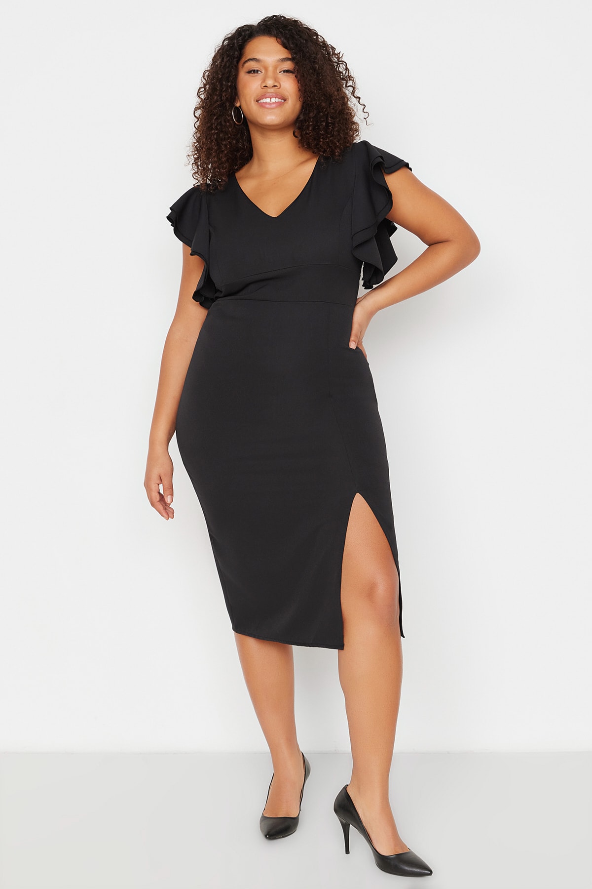 Trendyol Plus Size Black Fitted Woven Dress With Sleeve Detail