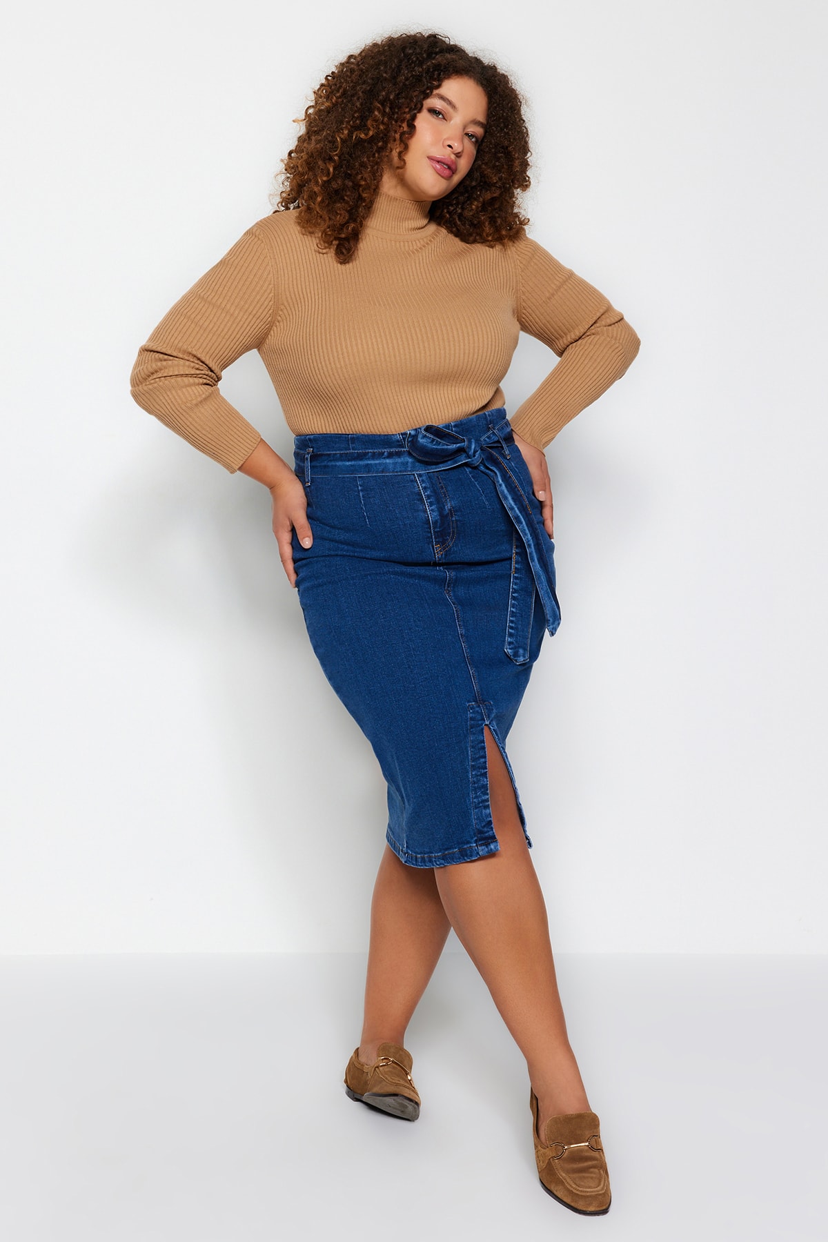 Trendyol Plus Size High Waist Slit Denim Midi Skirt