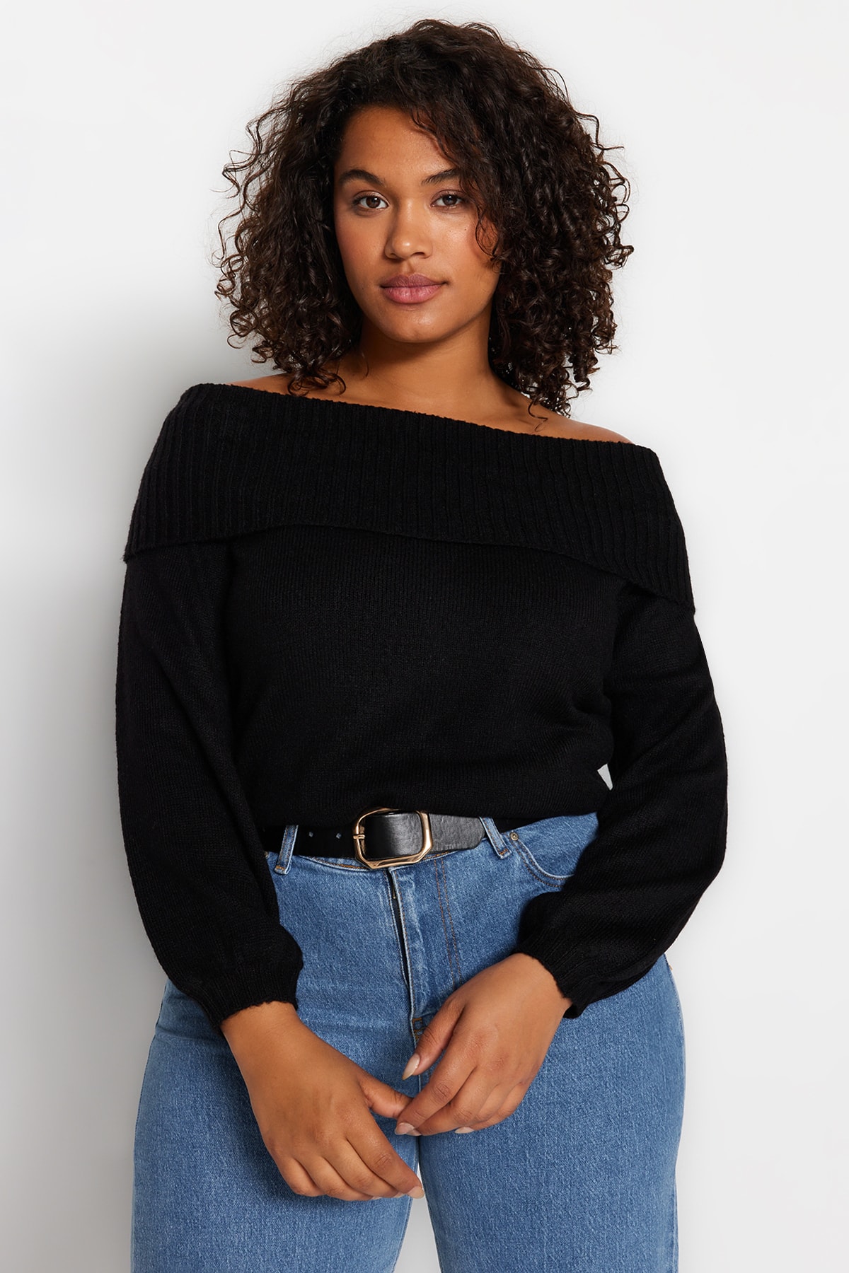 Trendyol Plus Size Black Carmen Collar Knitwear Sweater