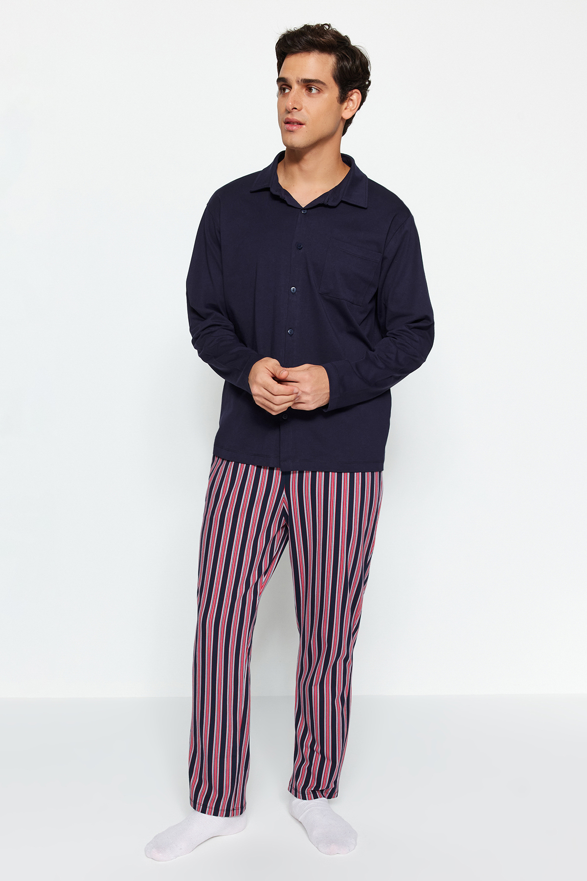 Trendyol Men's Navy Blue Bottom Stripe Knitted Pajamas Set