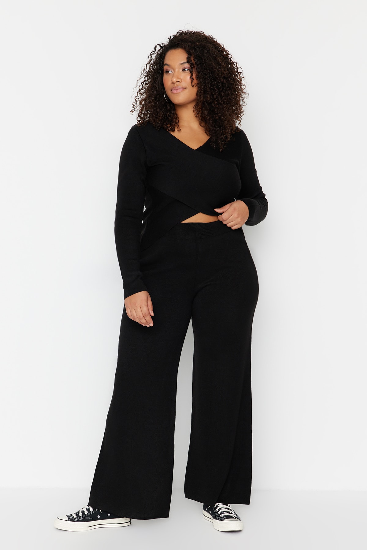 Trendyol Plus Size Black Double Breasted Knitwear Top and Bottom Set