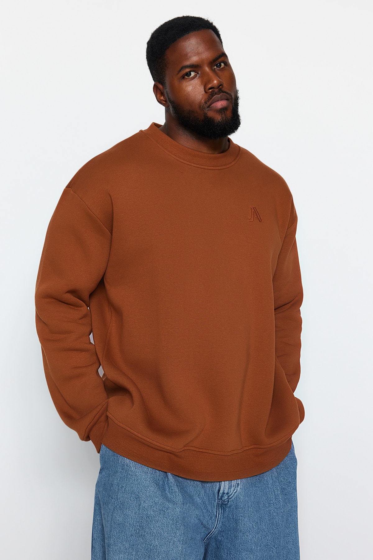 Trendyol Brown Men's Plus Size Relaxed/Comfortable Cut, Soft Pile Cotton Sweatshirt