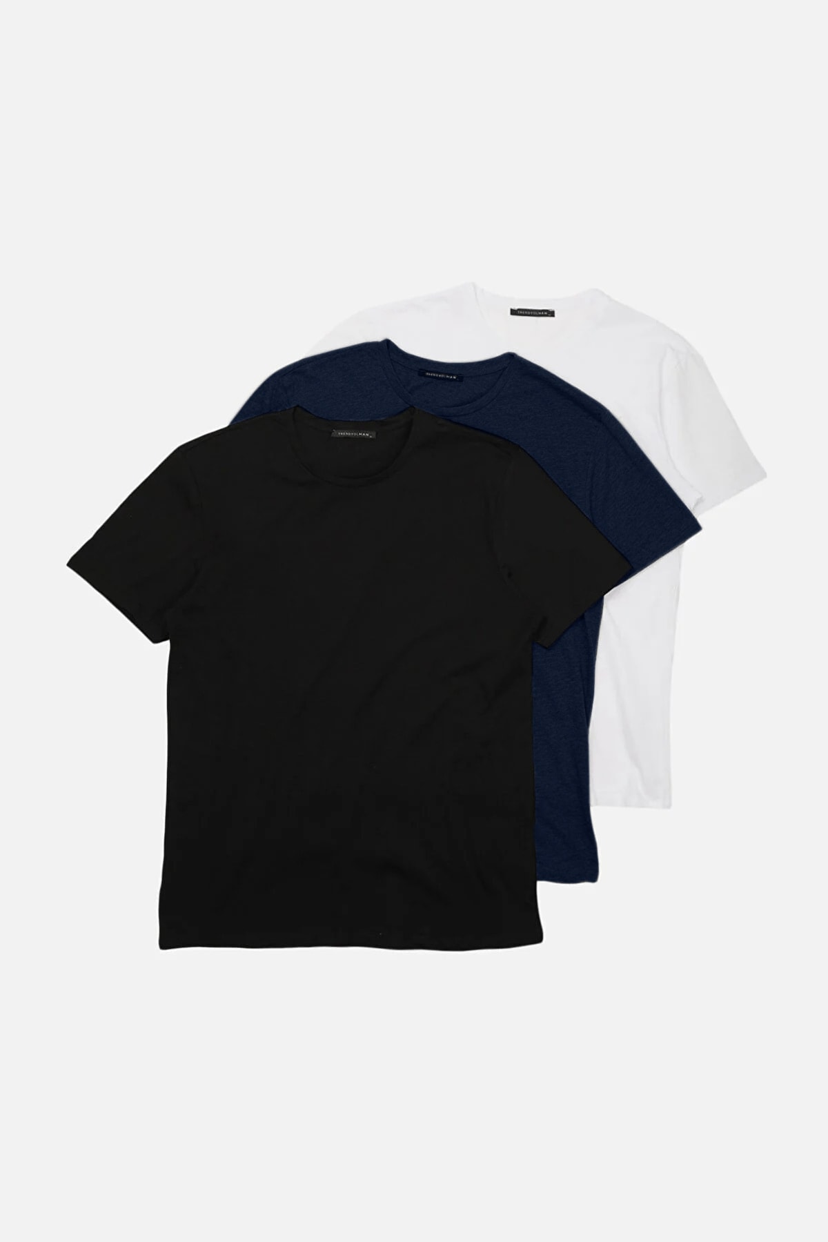 Trendyol Navy Blue-Black-White Men's Basic Slim 100% Cotton 3-Pack T-Shirt