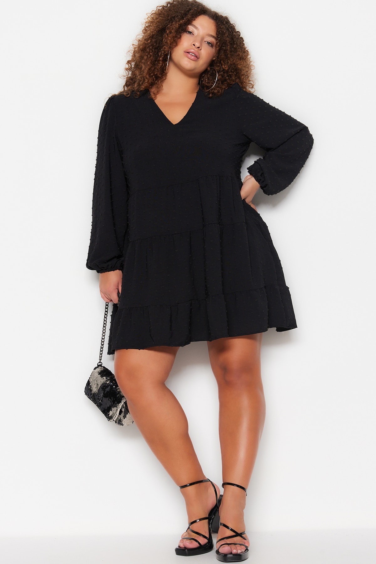 Trendyol Plus Size Black Woven V-Neck Chiffon Dress