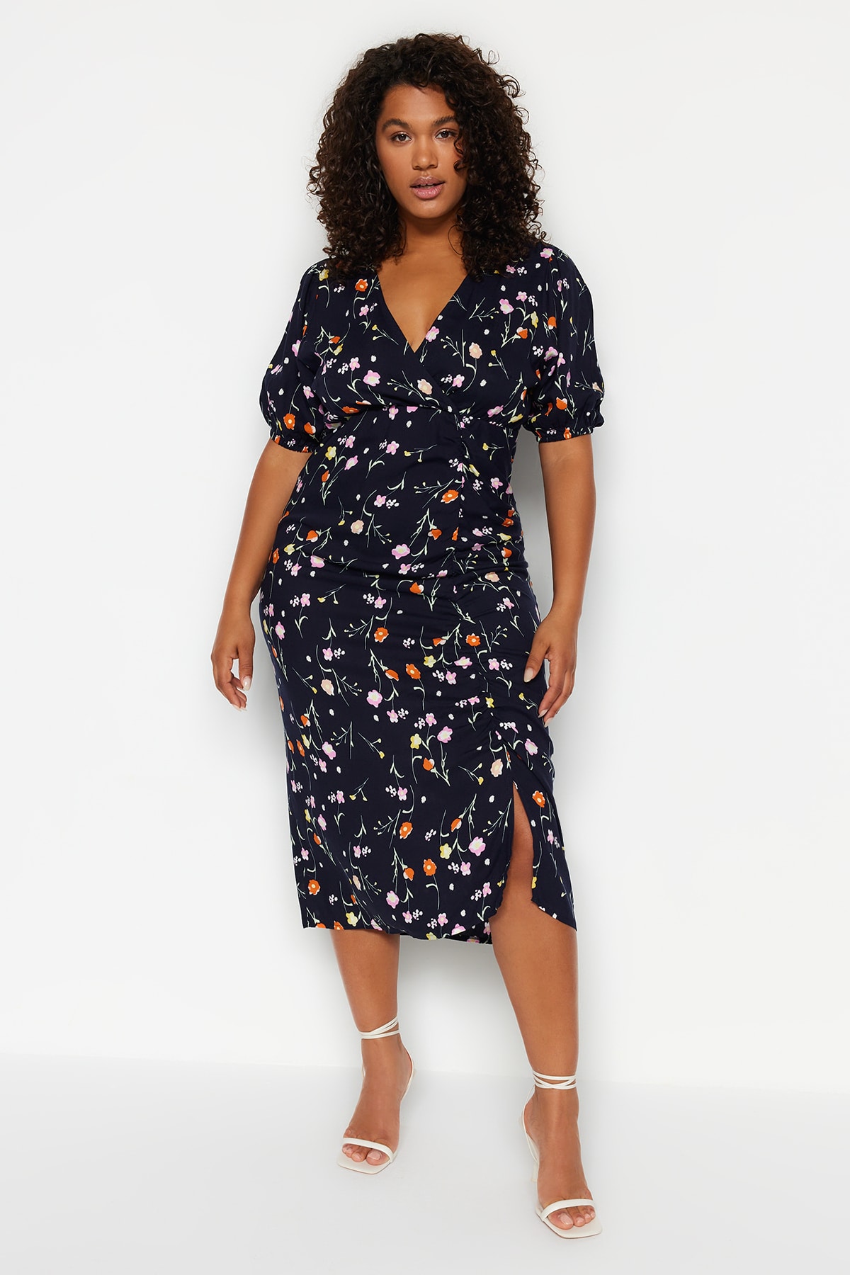 Trendyol Plus Size Navy Blue Floral Knitted Dress With Double Breasted Collar