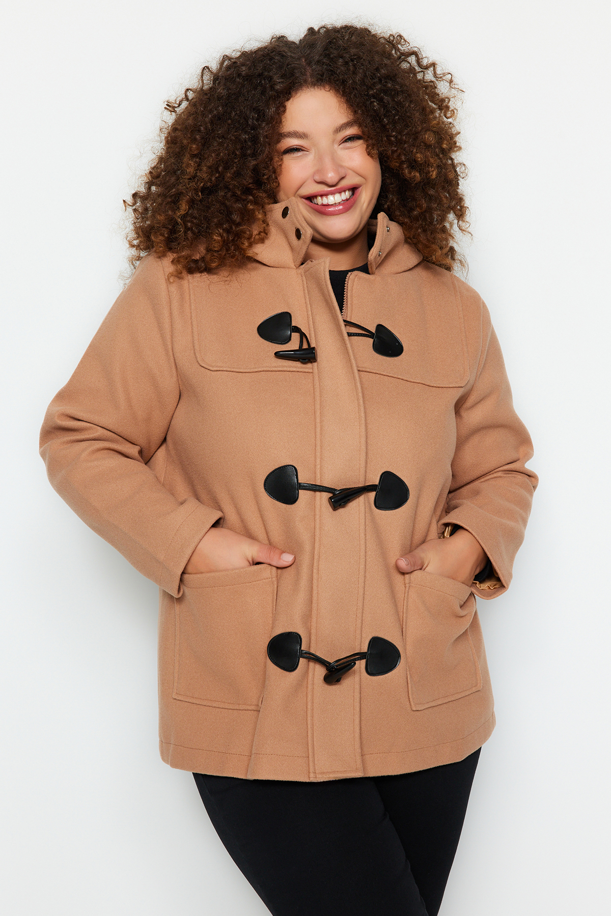 Trendyol Plus Size Camel Button Close Hooded Stamp Coat