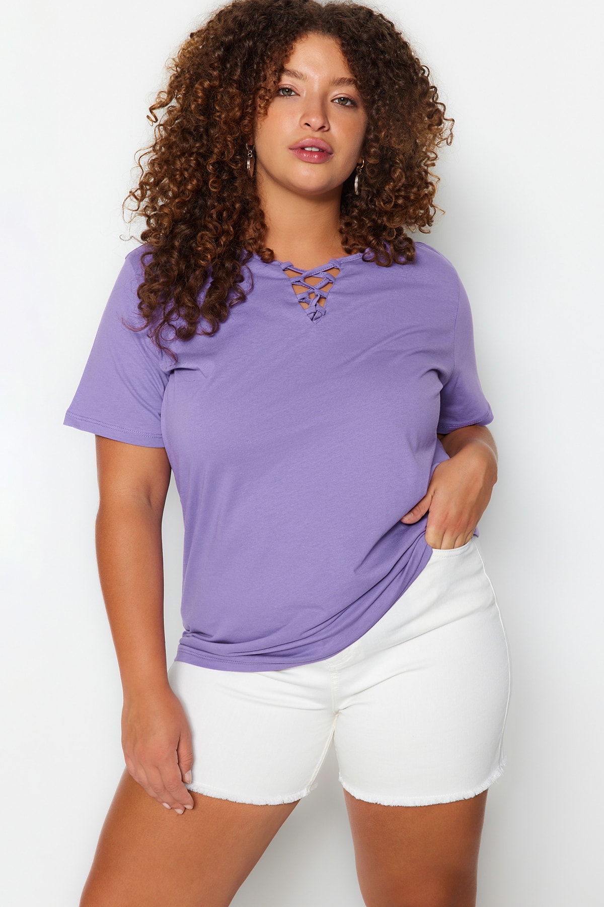 Trendyol Plus Size Lilac Knitted Collar Detailed T-Shirt