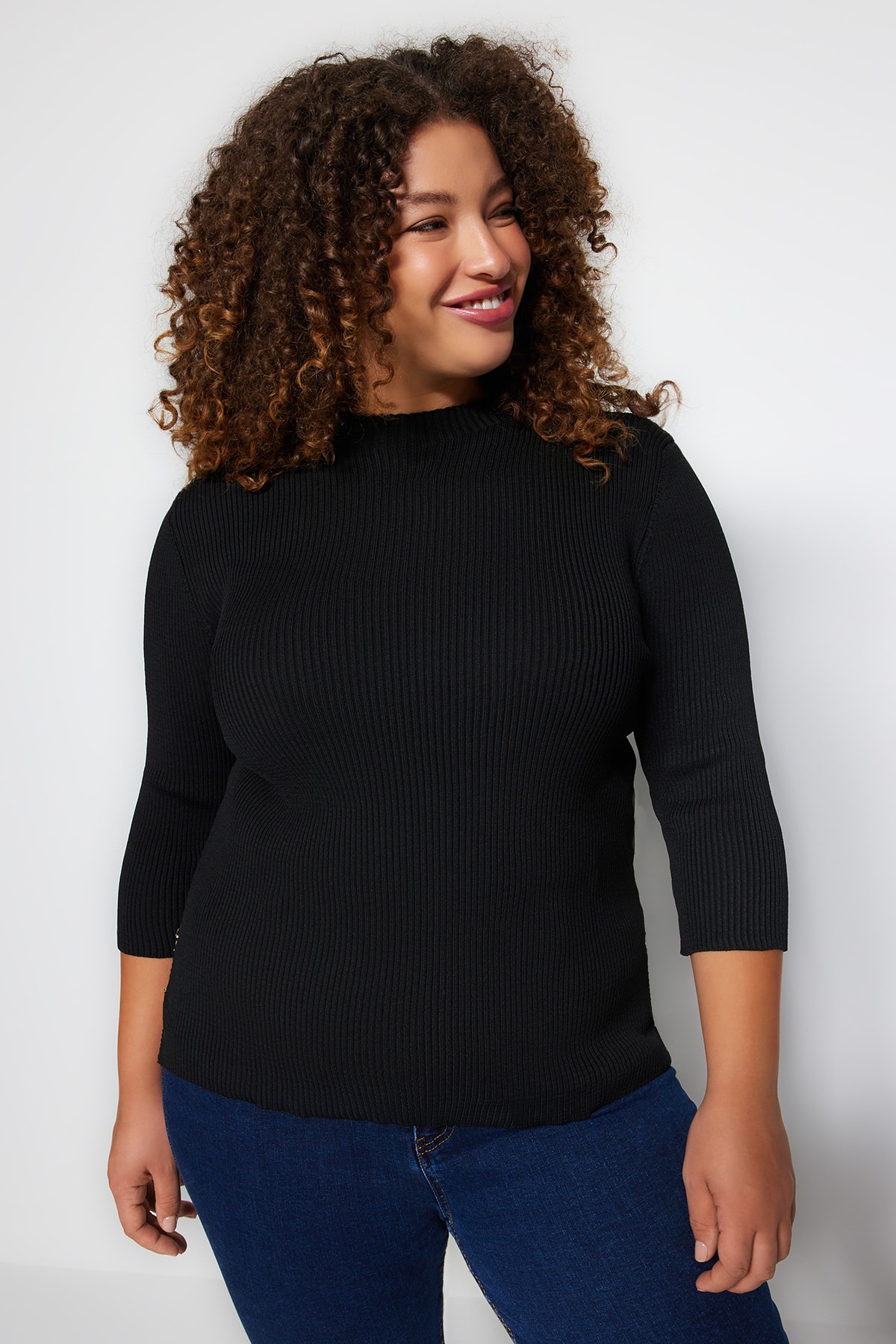 Trendyol Plus Size Black Knitwear Blouse with Accessory Detail