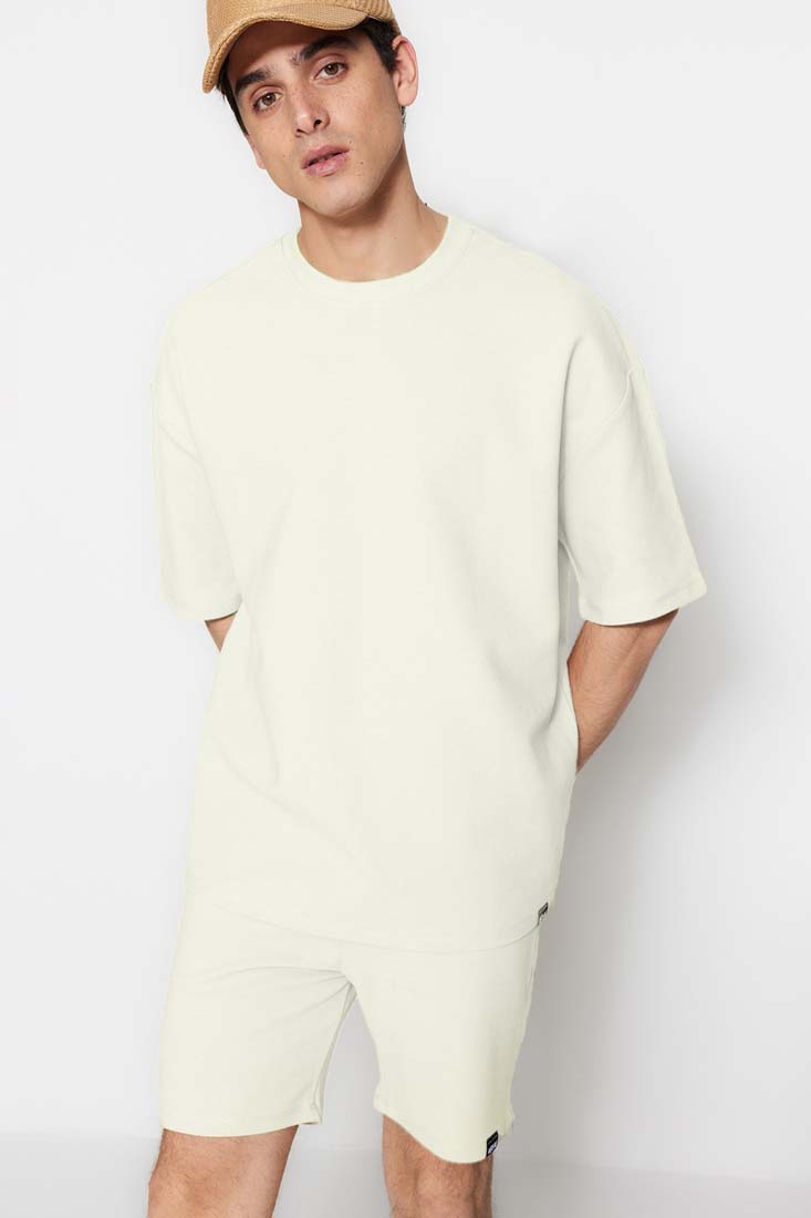 Trendyol Limited Edition Ecru Men's Oversize/Wide Cut 100% Cotton Premium Textured T-Shirt.