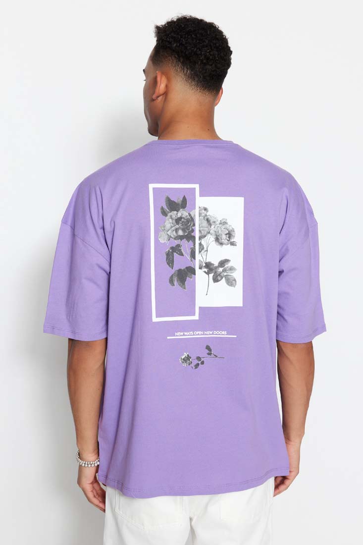 Trendyol Lilac Men's Oversize/Wide Cut Crew Neck Floral Print Short Sleeved 100% Cotton T-Shirt.