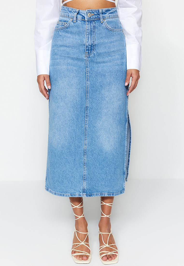 Trendyol High Waist Maxi Denim Skirt with Slit Detail