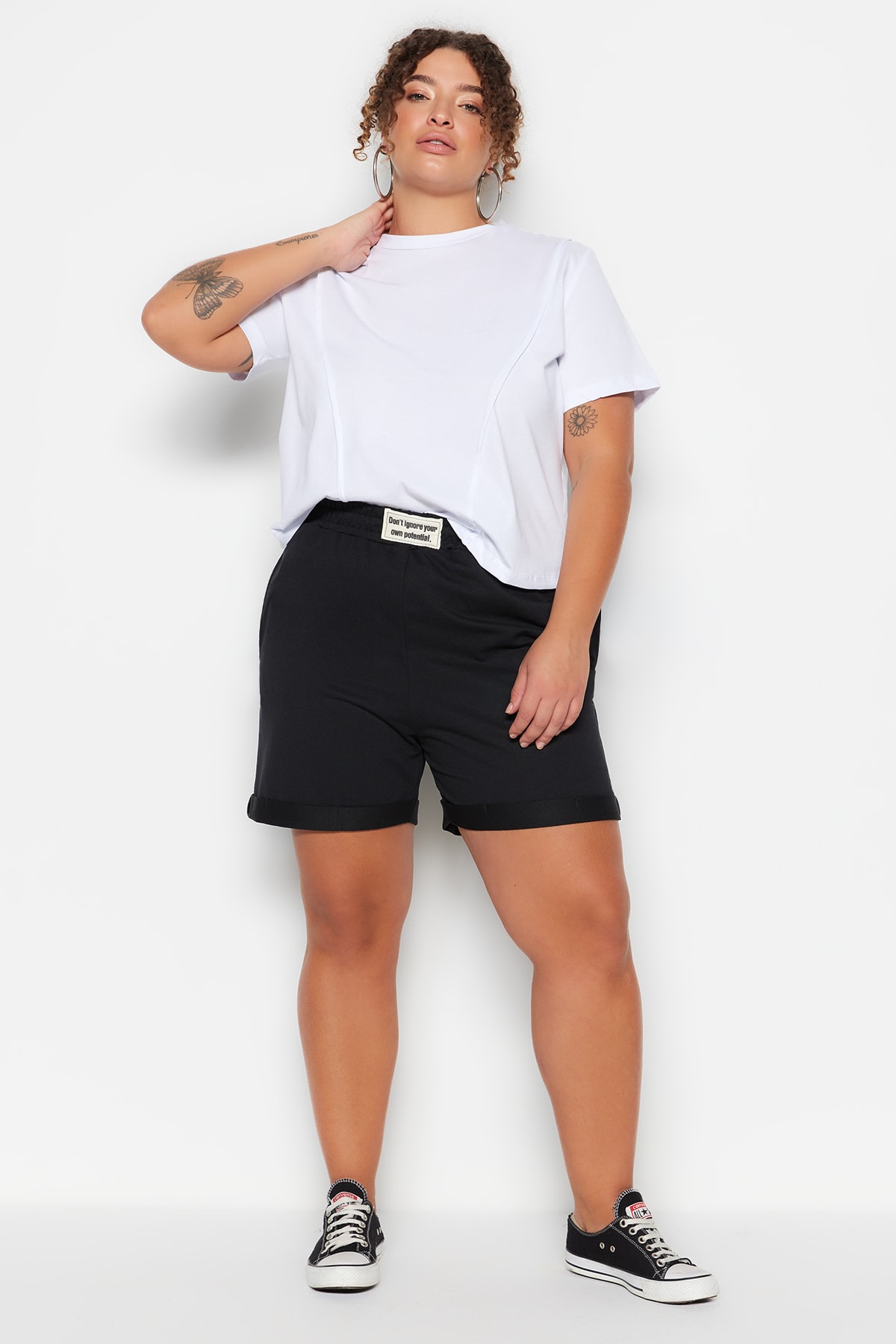Trendyol Plus Size Black Thin Knitted Double Leg Shorts With Tag Detail