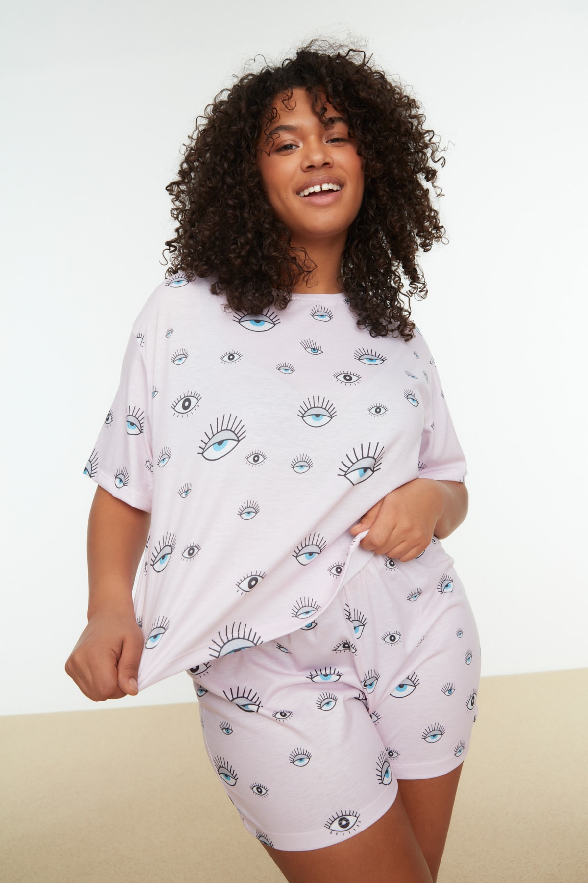 Trendyol Plus Size Powder Patterned Knitted Pajamas Set