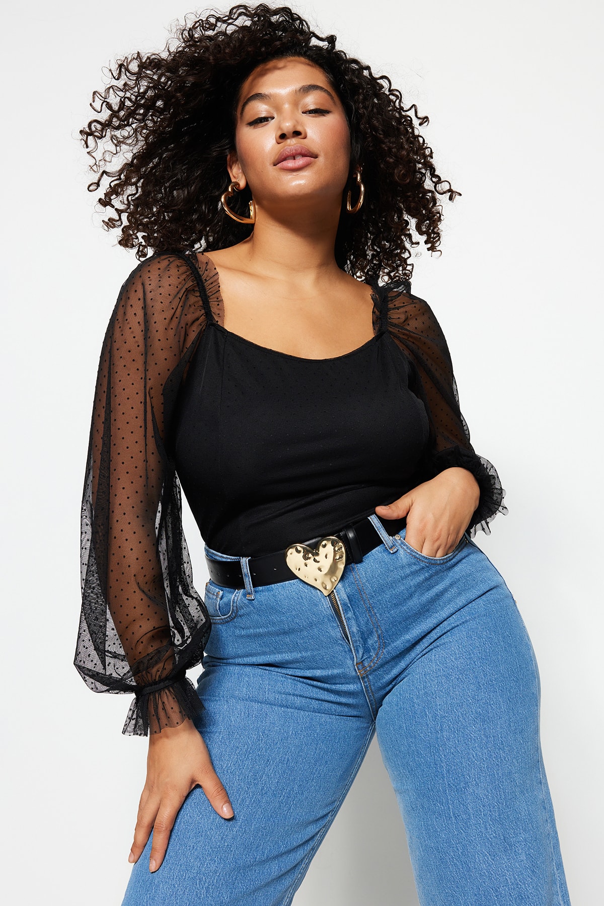 Trendyol Plus Size Black Woven Blouse with Tulle Sleeves