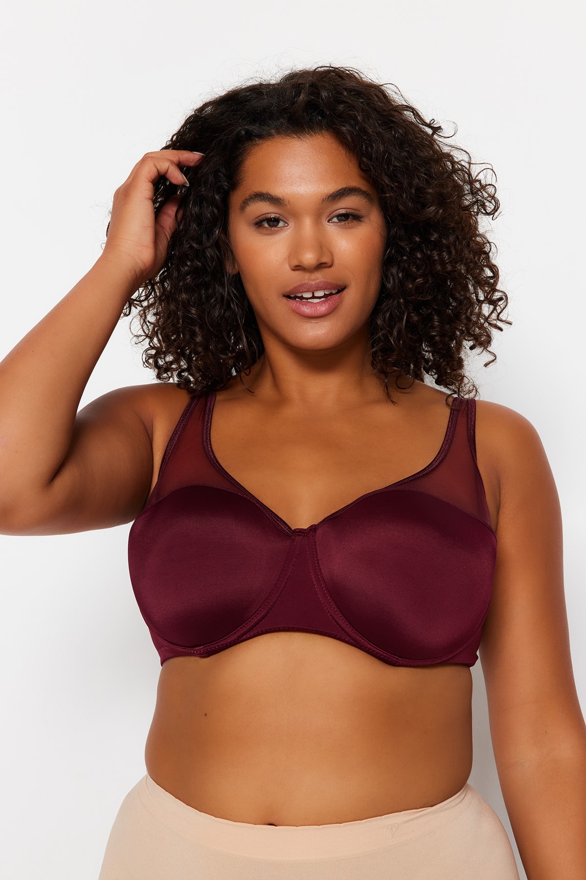 Trendyol Plus Size Burgundy Consolidating Bra with Mesh Detail.
