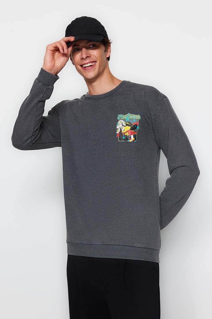 Trendyol Anthracite Men's Relaxed Fit Crewneck Anthracite Effect Sweatshirt.
