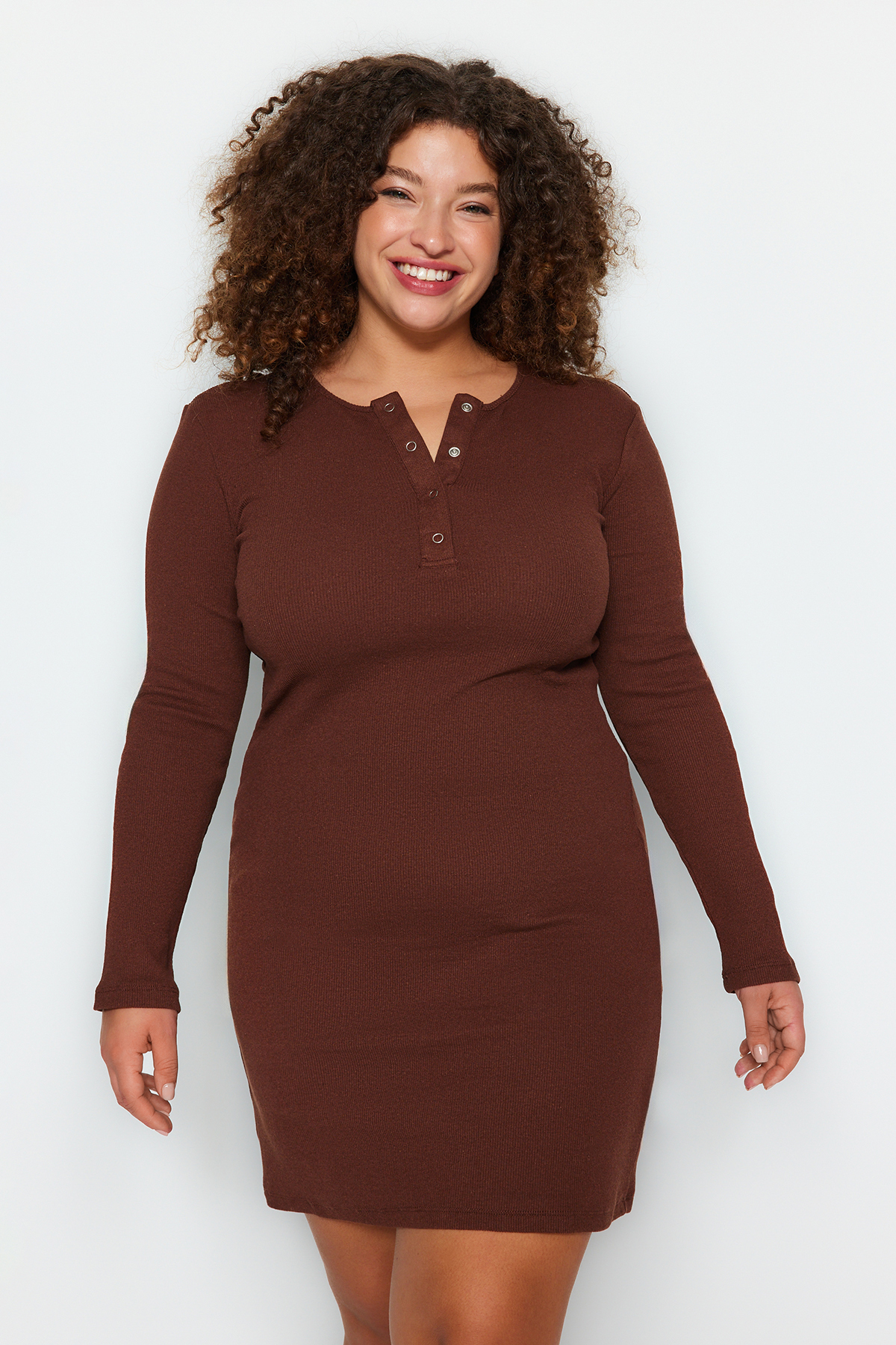 Trendyol Plus Size Brown Collar With Snaps and Camisole Dress