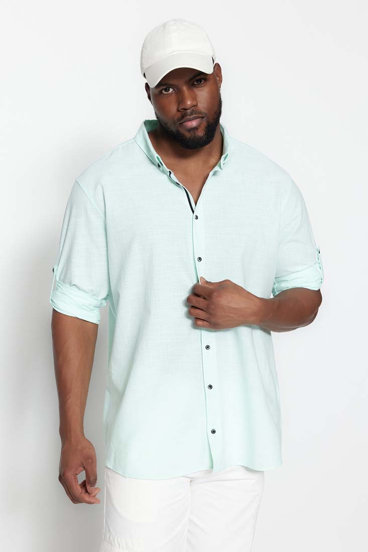 Trendyol Large Size Green Men's Regular Fit Comfy Buttoned Collar Basic Shirt