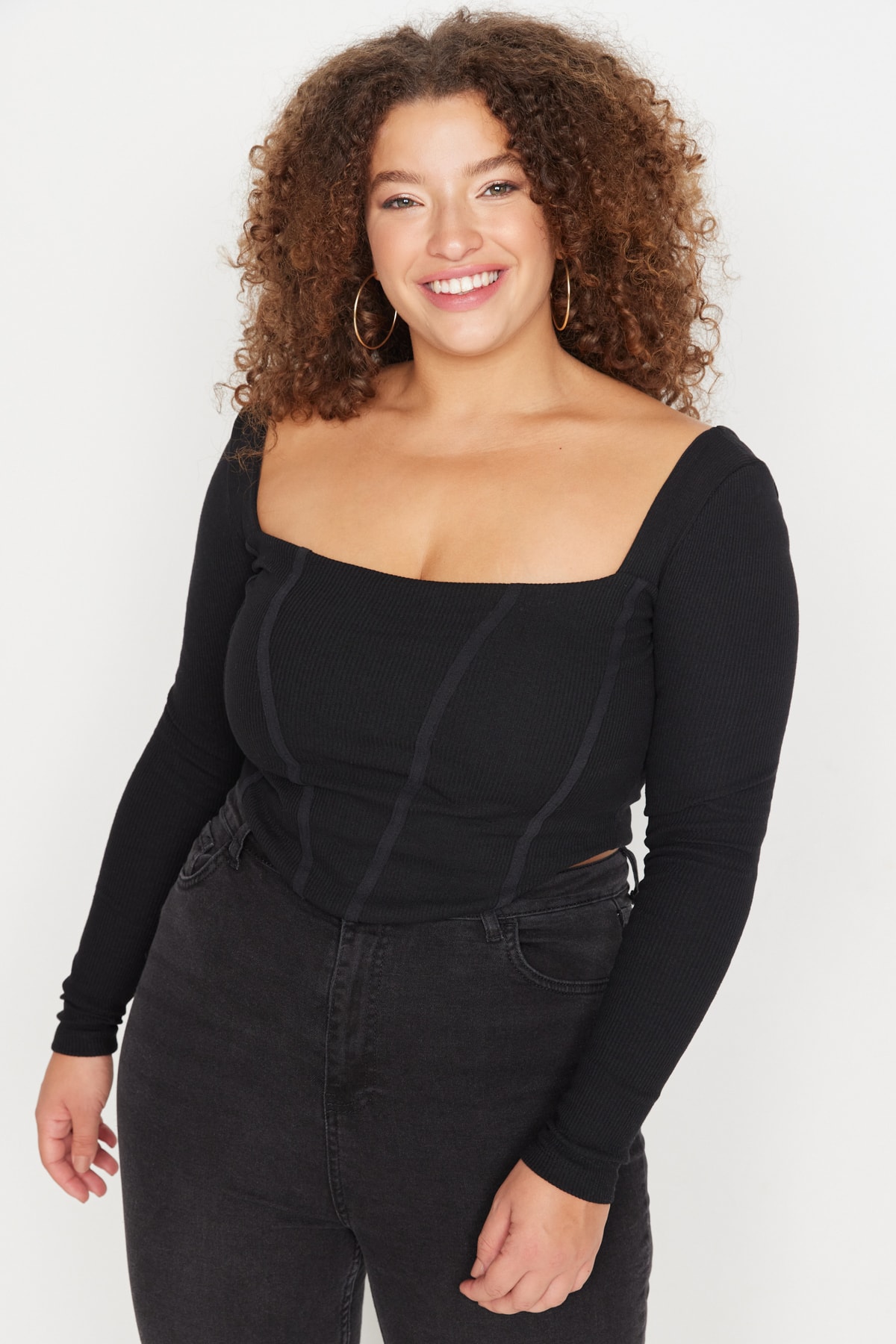 Trendyol Plus Size Black Crop Corduroy Knitted Piping Detailed Blouse