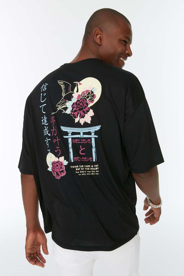 Trendyol Black Men's Oversize/Wide Cut Crew Neck Short Sleeved Printed T-Shirt