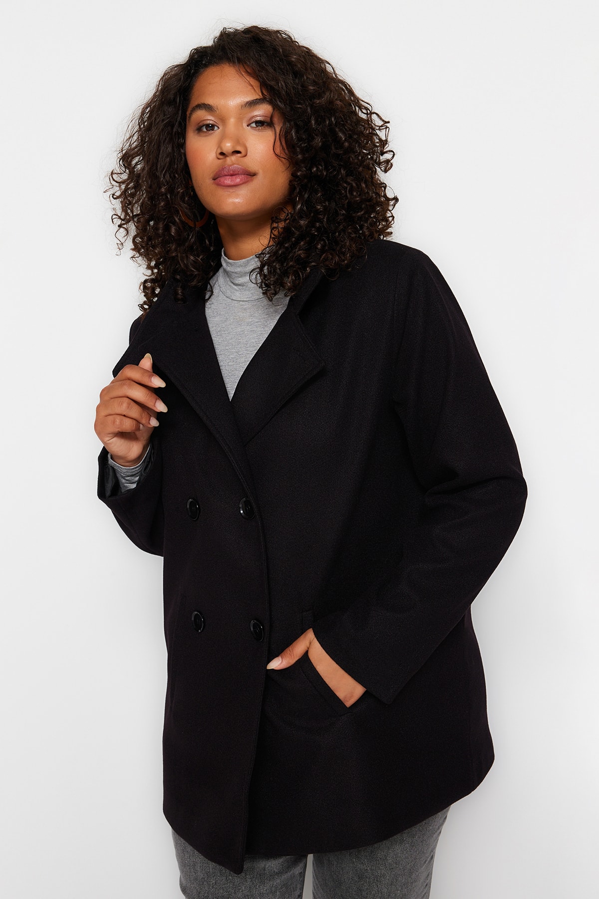 Trendyol Plus Size Black Double Closed Standing Collar Coat