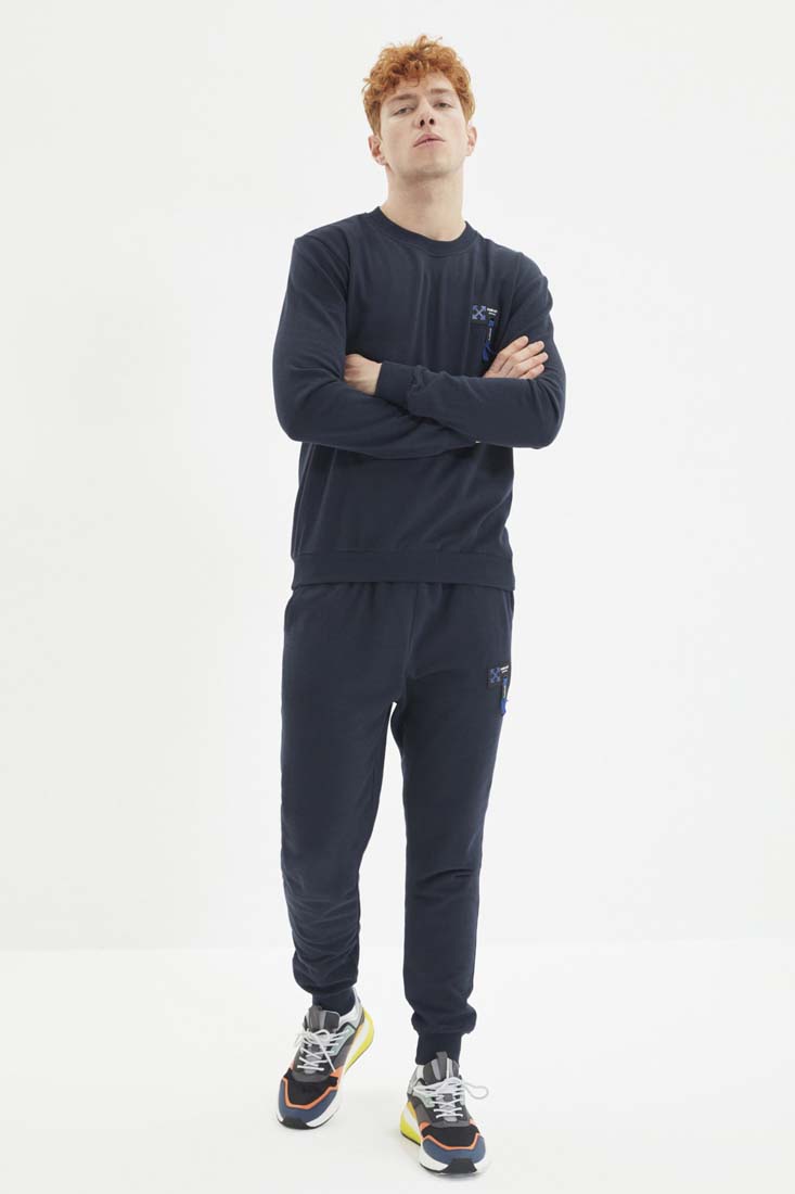 Trendyol Navy Blue Men's Regular/Normal Cut With Labels, Fleece Inner Cotton Tracksuit Set