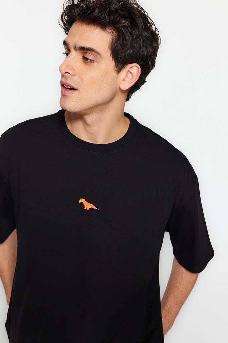 Trendyol Black Men's Oversize/Wide Cut Crew Neck Short Sleeve Dinosaur Embroidered 100% Cotton T-Shirt