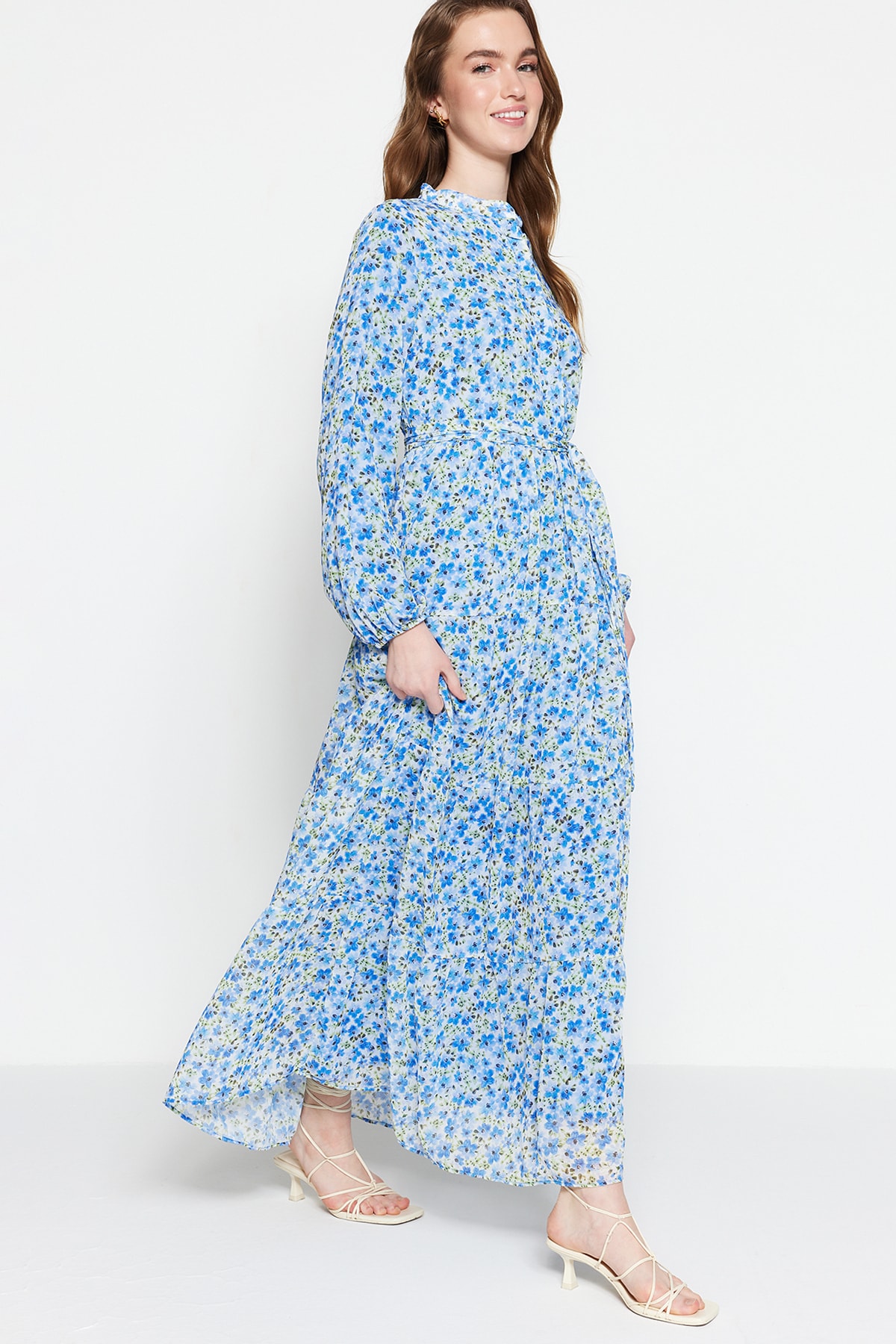 Trendyol Light Blue Floral Patterned Belted Stand Up Collar Lined Chiffon Woven Dress