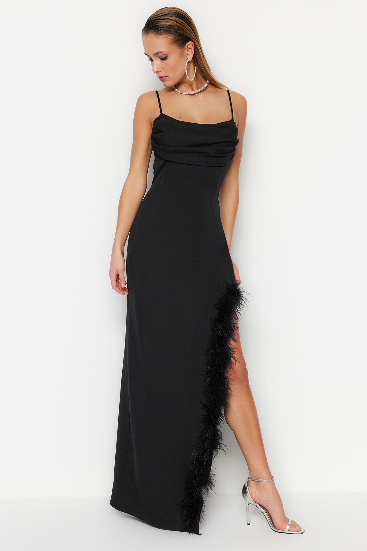 Trendyol Feather and Draped Evening Dress