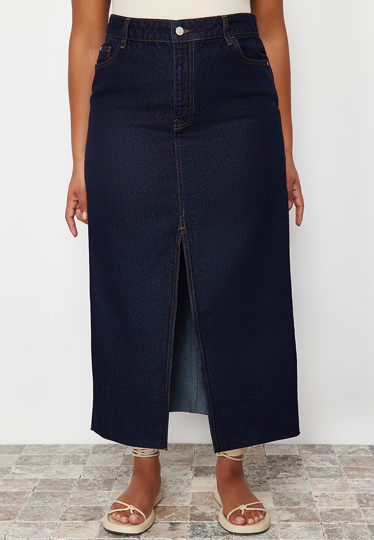 Trendyol Plus Size Slit Denim Midi Skirt