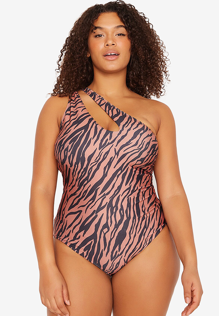 Trendyol Plus Size Printed One Shoulder Swimsuit
